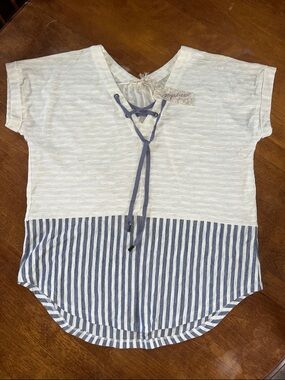 Mystree Cream Top with Blue Striped Hem and Lace-Up Neck